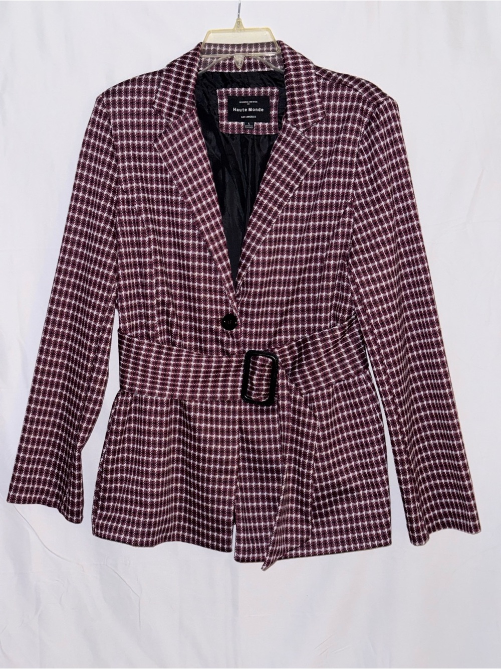 Haute Monde Los Angeles Burgundy Plaid Belted Blazer Jacket Size Large